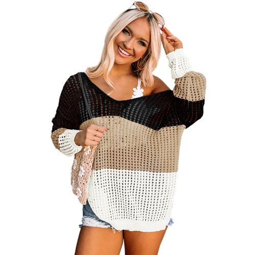 Black Color Block Eyelet Long Sleeve Twisted Back Knit Top - L - Main Image