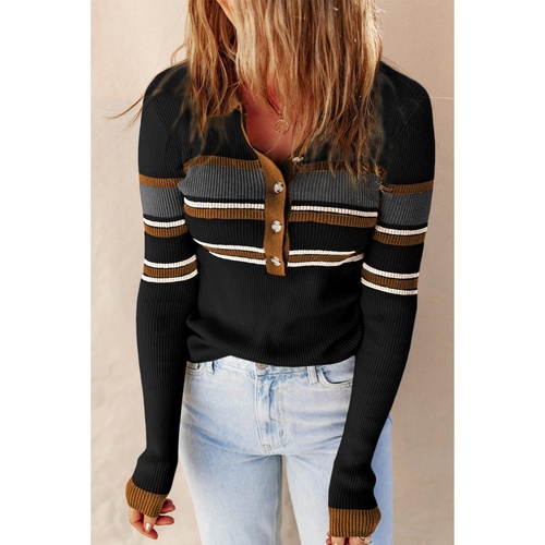 Black Rib Knitted Stripe Detail Henley Sweater - XL - Main Image