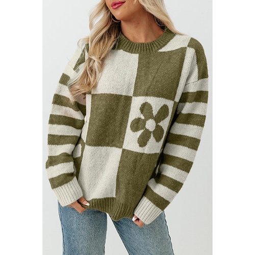 Green Checkered Floral Print Striped Sleeve Sweater - S - Main Image