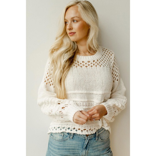 White Solid Color Pointelle Knit Puff Sleeve Sweater - L - Main Image