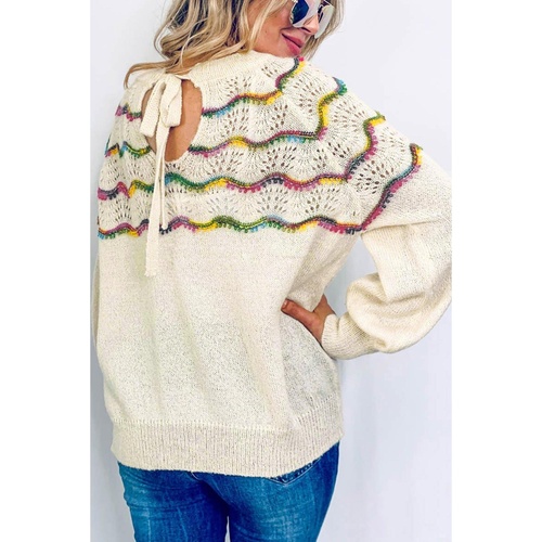 White Wavy Striped Pointelle Bishop Sleeve Sweater - S - Main Image