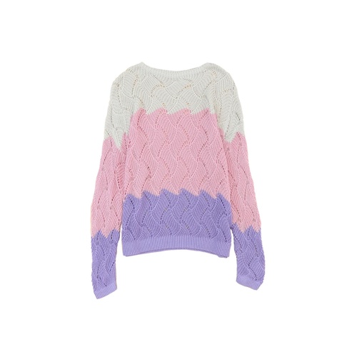 Pink Color Block Hollow Knitted Loose Sweater - L - Main Image