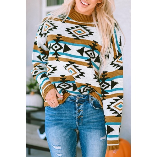 Brown Aztec Striped Knit Ribbed Trim Sweater - M - Main Image