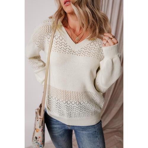 White Eyelet Pattern Detail V Neck Drop Shoulder Sweater - 2XL - Main Image