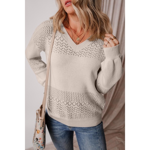 Brown Eyelet Pattern Detail V Neck Drop Shoulder Sweater - S - Main Image