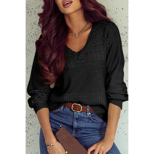 Black Eyelet Pattern Detail V Neck Drop Shoulder Sweater - L - Main Image