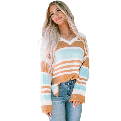 Multicolor Colorblock Stripe Long Sleeve Split Sweater - L - Main Image