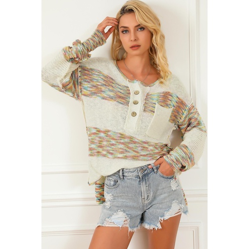 Multicolor Space Dye Henley Knit Sweater - M - Main Image