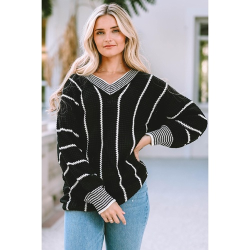 Black Colorblock Striped V Neck Knitted Loose Sweater - S - Main Image