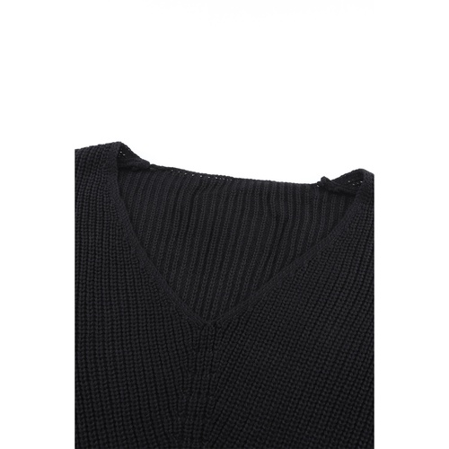 Black Ribbed Knit V Neck Sweater - M - Main Image