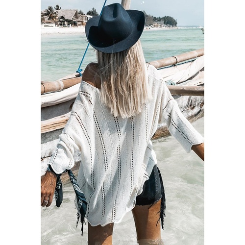 White Hollowed Detail Knitted Loose V Neck Sweater - M - Main Image