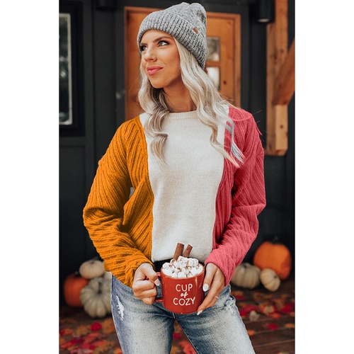 Multicolor Colorblock Textured Drop Shoulder Sweater - L - Main Image