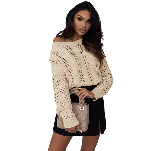 Khaki Eyelets Cable Knit Drop Shoulder Sweater - XL - Main Image
