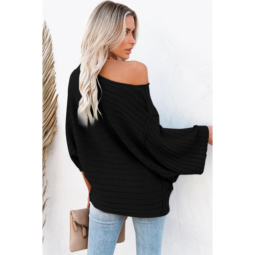 Black Exposed Seam Ribbed Knit Dolman Top - S - Main Image