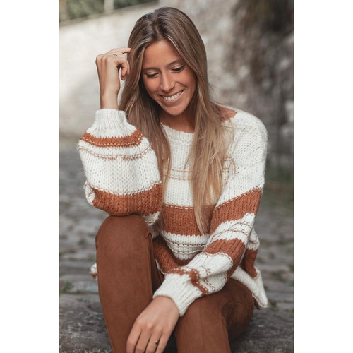 White Striped Knit Puff Sleeve Casual Sweater - L - Main Image