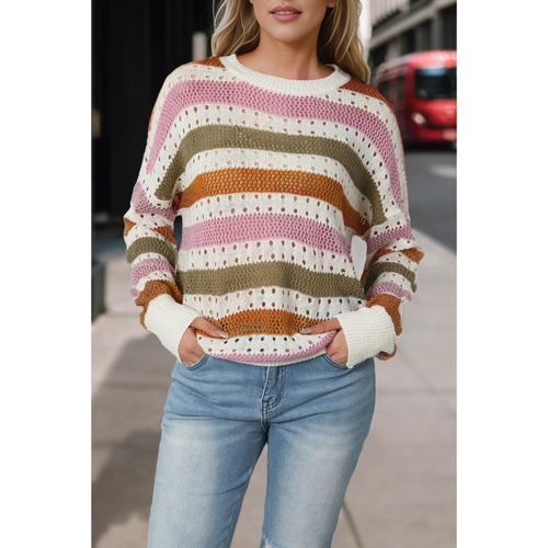 Multicolor Striped Hollowed Knitted Loose Sweater - XL - Main Image