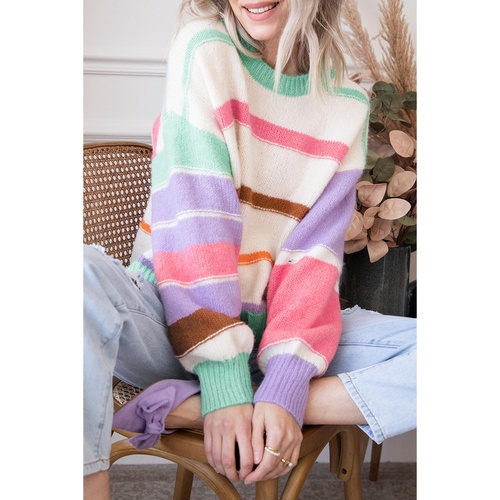 Multicolor Striped Colorblock Drop Shoulder Sweater - L - Main Image