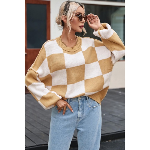Khaki Checkered Bishop Sleeve Sweater - M - Main Image
