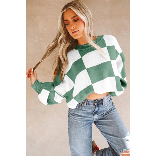 Green Checkered Bishop Sleeve Sweater - M - Main Image