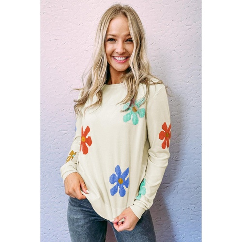 White Sweet Floral Pullover Sweater - L - Main Image