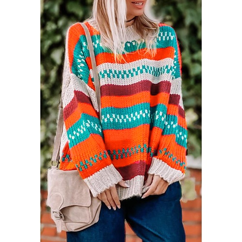 Multicolor Color Block Striped Loose Sleeve Sweater - S - Main Image