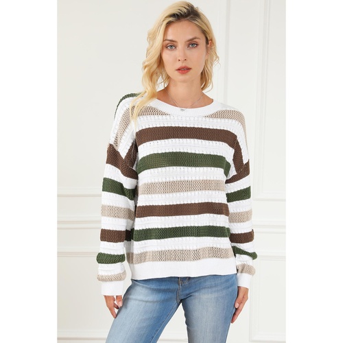 Stripe Crochet Hollow out Knit Sweater - L - Main Image