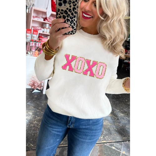 White XOXO Glitter Print Round Neck Casual Sweater - S - Main Image