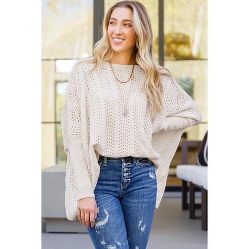 Beige Ribbed Hollow Knit Dolman Sleeve Sweater - M - Main Image