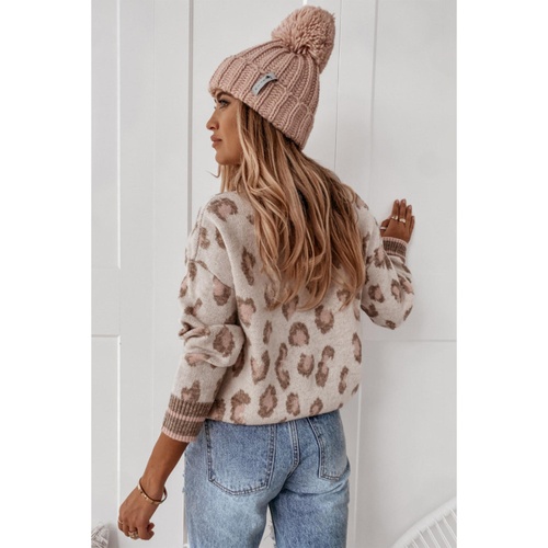 Brown Two-tone Ribbed Trim Contrast Leopard Sweater - L - Main Image