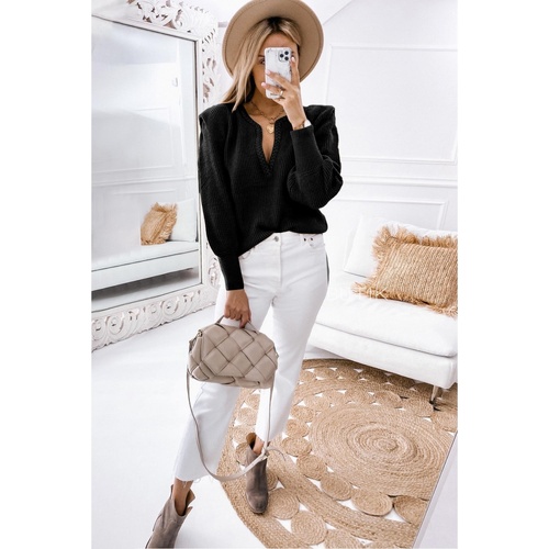 Black Braided Notched V Neckline Puff Sleeve Knitted Sweater - L - Main Image