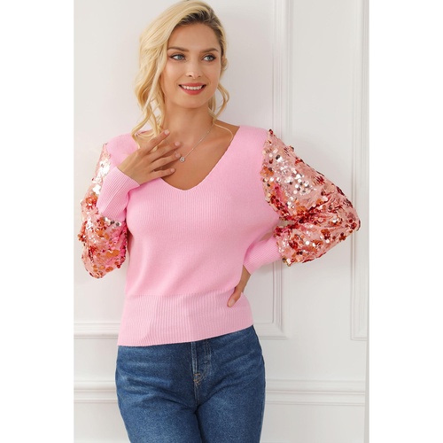 Pink Contrast Sequin Sleeve V Neck Ribbed Knit Sweater - M - Main Image
