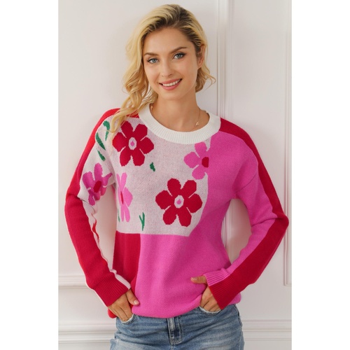 Rose Red Floral Mixed Color Block Sweater - S - Main Image