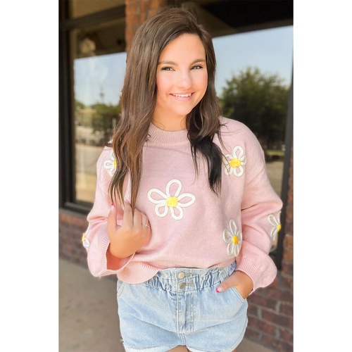 Pink Chenille Daisy Stitching Crew Neck Sweater - L - Main Image