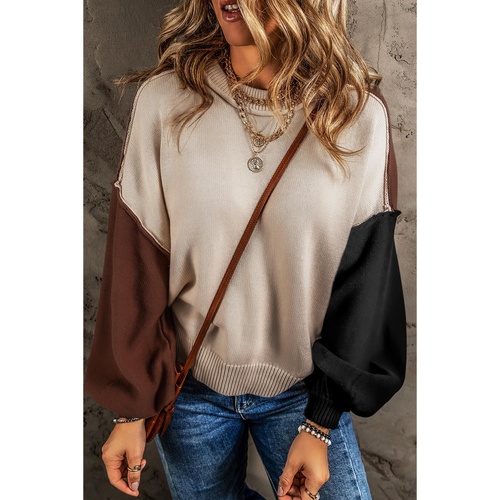 Coffee Colorblock Bishop Sleeve Ribbed Trim Sweater - 2XL - Main Image