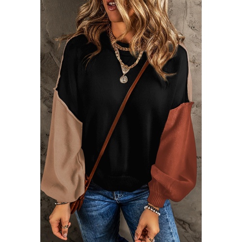 Black Colorblock Bishop Sleeve Ribbed Trim Sweater - S - Main Image