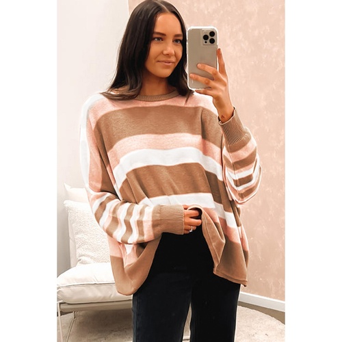 Multicolour Striped Knit Drop Shoulder Loose Sweater - S - Main Image