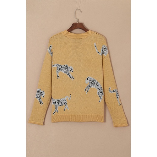 Camel Fuzzy Cheetah Accent Round Neck Sweater - L - Main Image