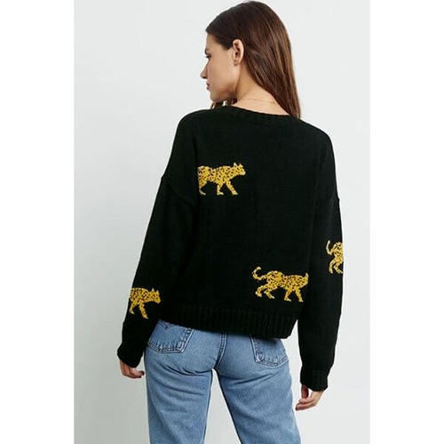 Black Cheetah Pattern Knit Round Neck Sweater - M - Main Image