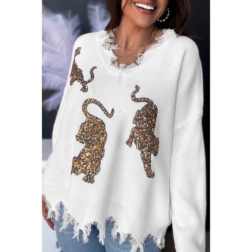 White Frayed Sequin Tiger Sweater - L - Main Image