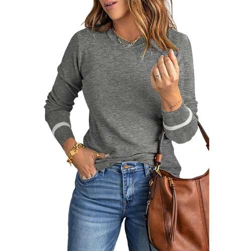 Medium Grey Ribbed Trim Crew Neck Long Sleeve Sweater - L - Main Image