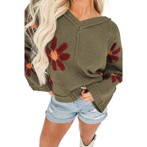 Sage Green Flower Knit Ribbed Trim V Neck Sweater - L - Main Image
