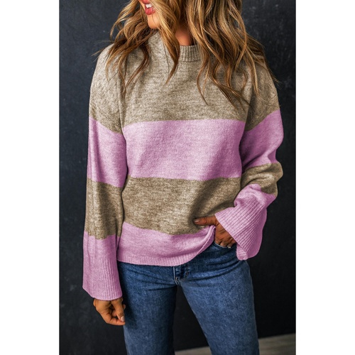 Rose Stripe Crew Neck Wide Sleeve Colorblock Sweater - L - Main Image