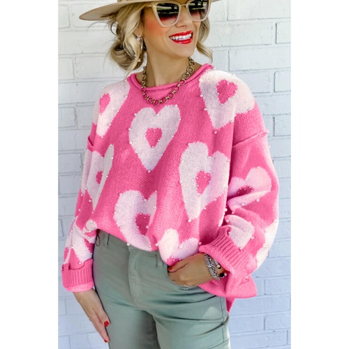 Bonbon Pearl Beaded Heart Drop Shoulder Sweater - L - Main Image