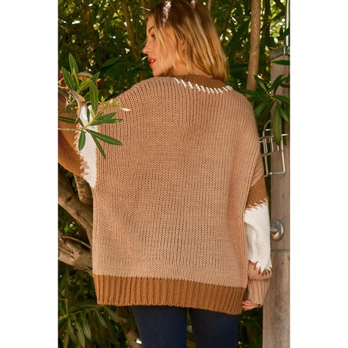 Light French Beige Color Block Contrast Stitch Oversized Sweater - M - Main Image