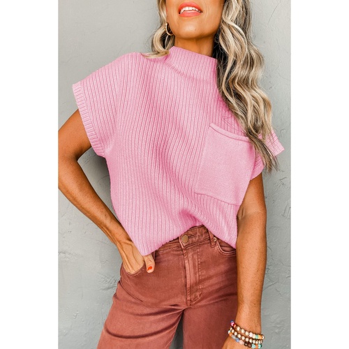 Pink Patch Pocket Ribbed Knit Short Sleeve Sweater - L - Main Image