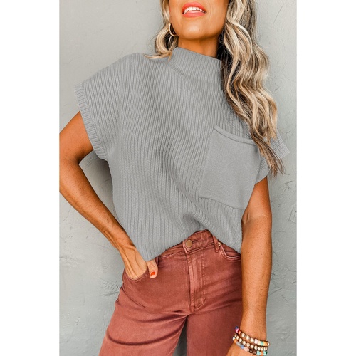Gray Patch Pocket Ribbed Knit Short Sleeve Sweater - S - Main Image
