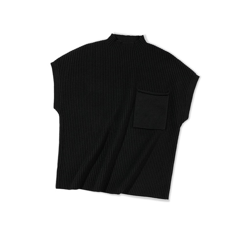 Black Patch Pocket Ribbed Knit Short Sleeve Sweater - L - Main Image