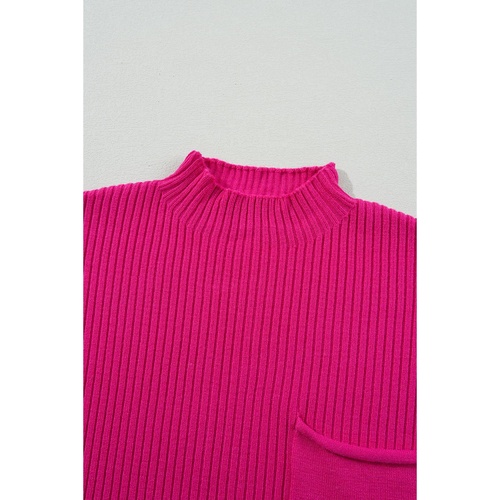 Rose Red Patch Pocket Ribbed Knit Short Sleeve Sweater - XL - Main Image