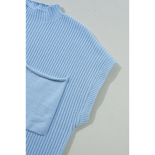 Beau Blue Patch Pocket Ribbed Knit Short Sleeve Sweater - 2XL - Main Image