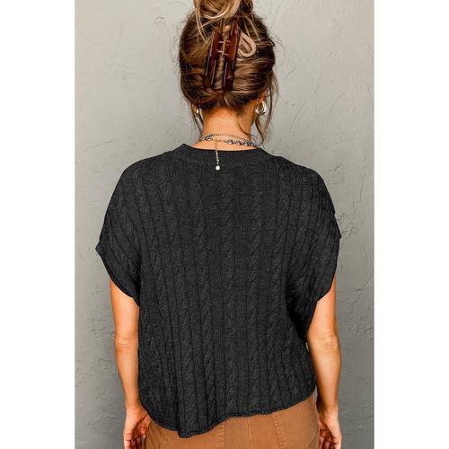 Black Crew Neck Cable Knit Short Sleeve Sweater - L - Main Image